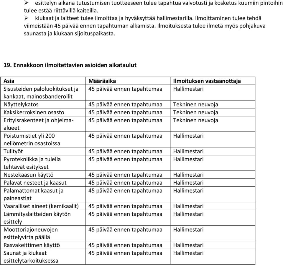 Ennakkoon ilmoitettavien asioiden aikataulut Asia Määräaika Ilmoituksen vastaanottaja Sisusteiden paloluokitukset ja 45 päivää ennen tapahtumaa Hallimestari kankaat, mainosbanderollit Näyttelykatos