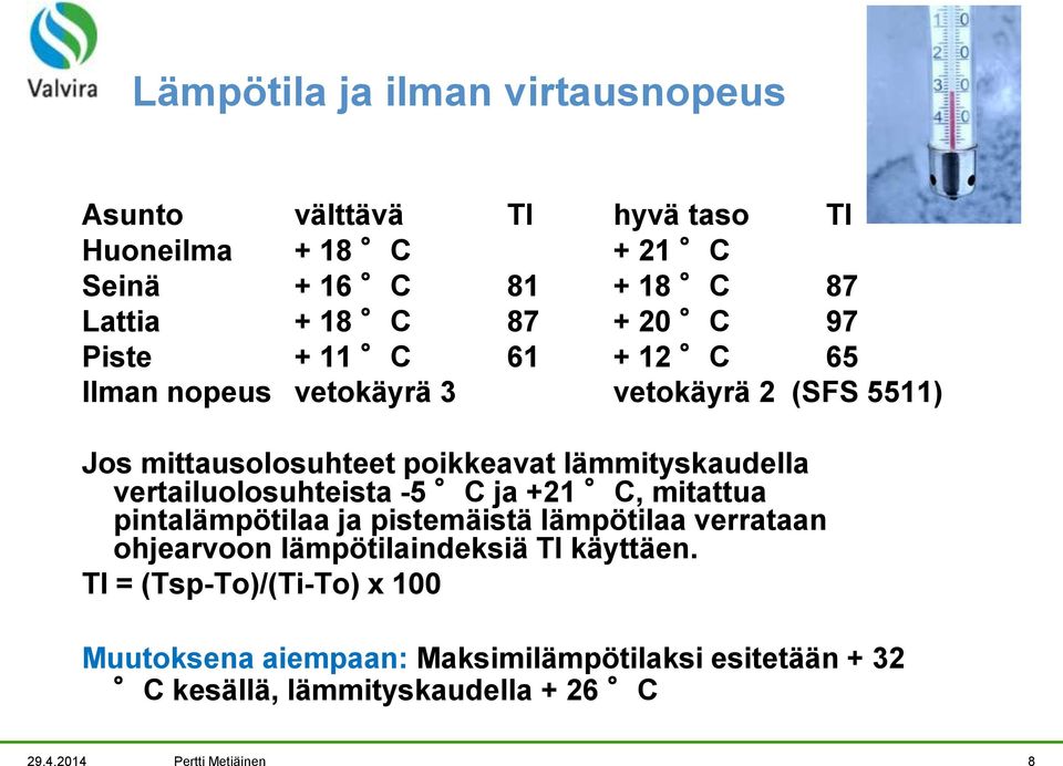 vertailuolosuhteista -5 C ja +21 C, mitattua pintalämpötilaa ja pistemäistä lämpötilaa verrataan ohjearvoon lämpötilaindeksiä TI käyttäen.