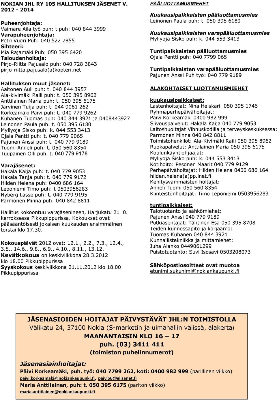 puh: 040 728 3843 pirjo-riitta.pajusalo(a)kopteri.net Hallituksen muut jäsenet: Aaltonen Auli puh: t. 040 844 3957 Ala-kivimäki Raili puh: t. 050 395 8962 Anttilainen Maria puh: t.