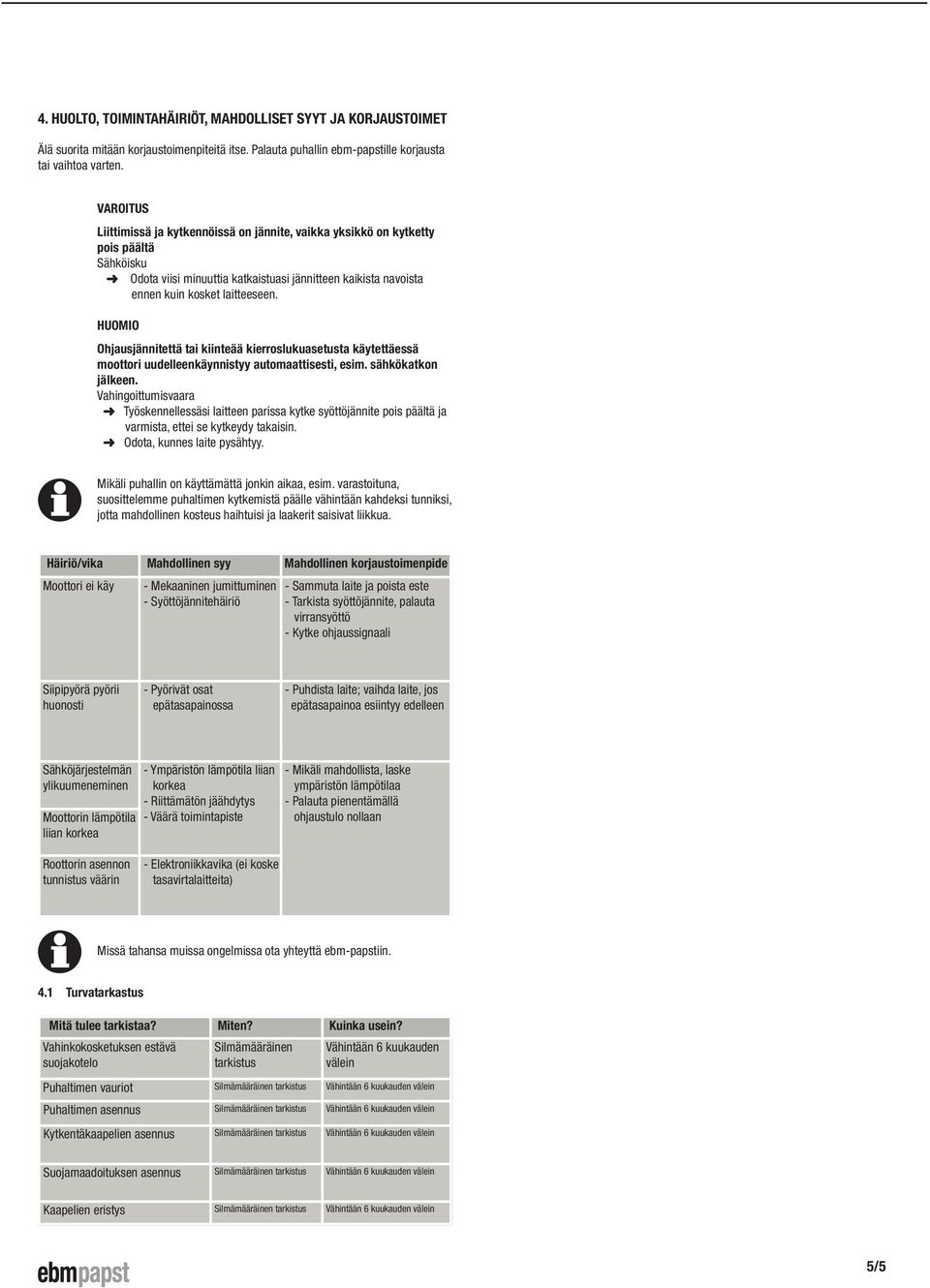 Ohjausjännitettä tai kiinteää kierroslukuasetusta käytettäessä moottori uudelleenkäynnistyy automaattisesti, esim. sähkökatkon jälkeen.