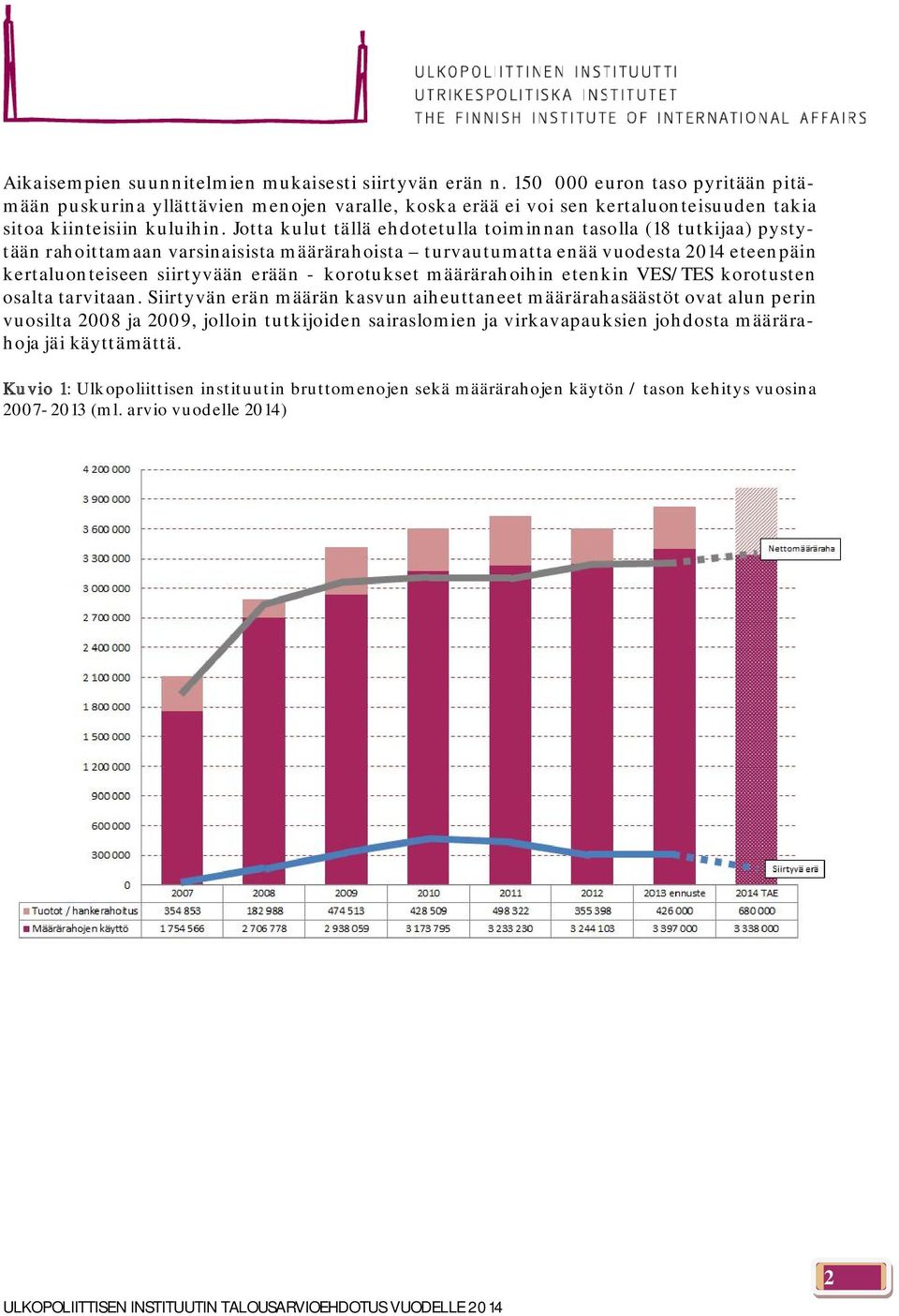 Jotta kulut tällä ehdotetulla toiminnan tasolla (18 tutkijaa) pystytään rahoittamaan varsinaisista määrärahoista turvautumatta enää vuodesta 2014 eteenpäin kertaluonteiseen siirtyvään erään -