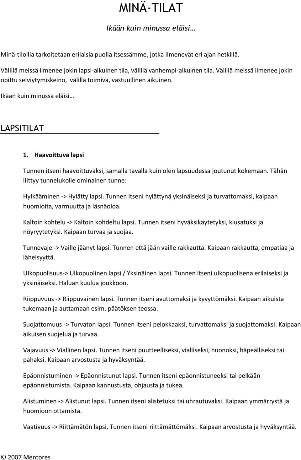 Ikään kuin minussa eläisi LAPSITILAT 1. Haavoittuva lapsi Tunnen itseni haavoittuvaksi, samalla tavalla kuin olen lapsuudessa joutunut kokemaan.