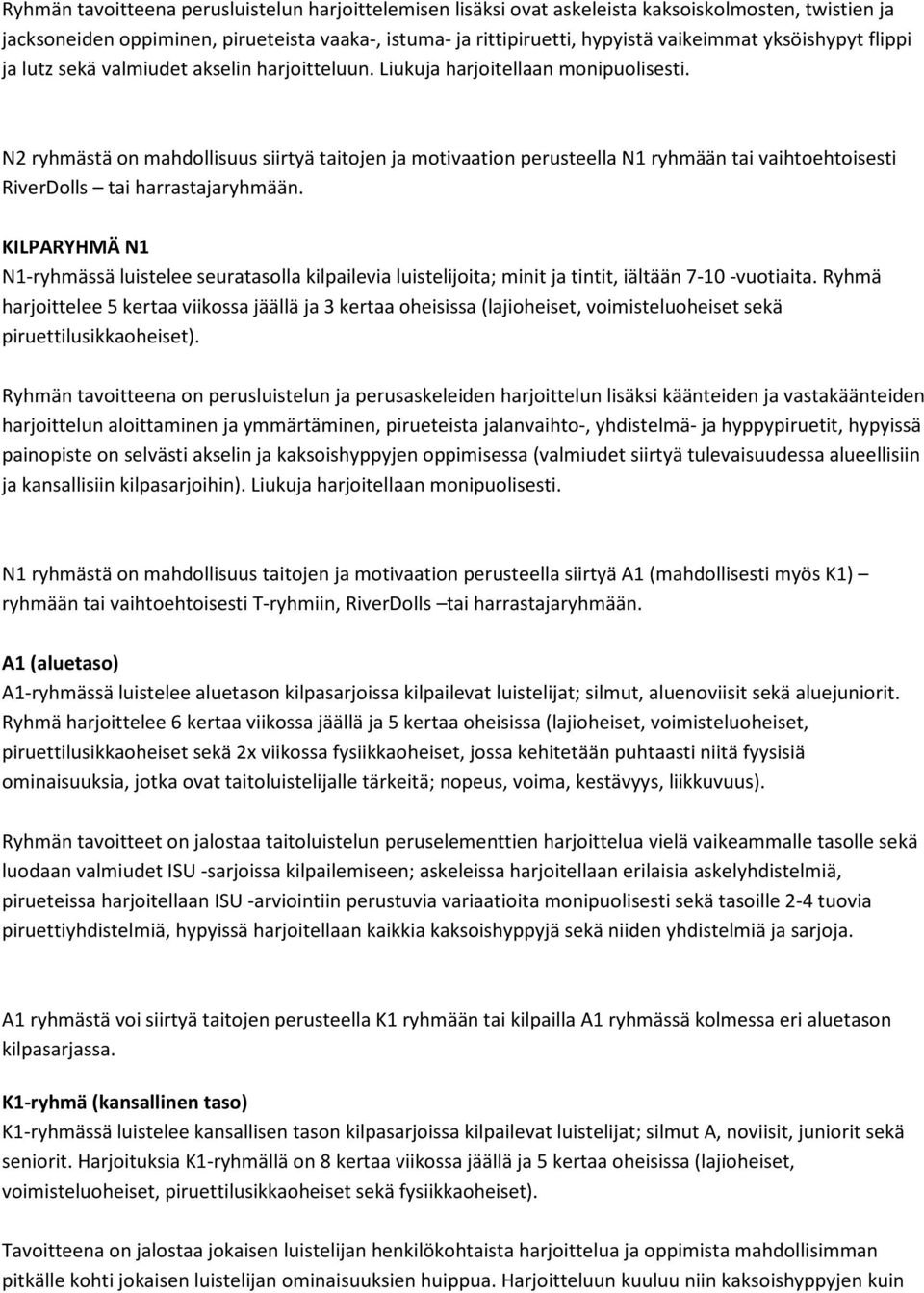 N2 ryhmästä on mahdollisuus siirtyä taitojen ja motivaation perusteella N1 ryhmään tai vaihtoehtoisesti RiverDolls tai harrastajaryhmään.