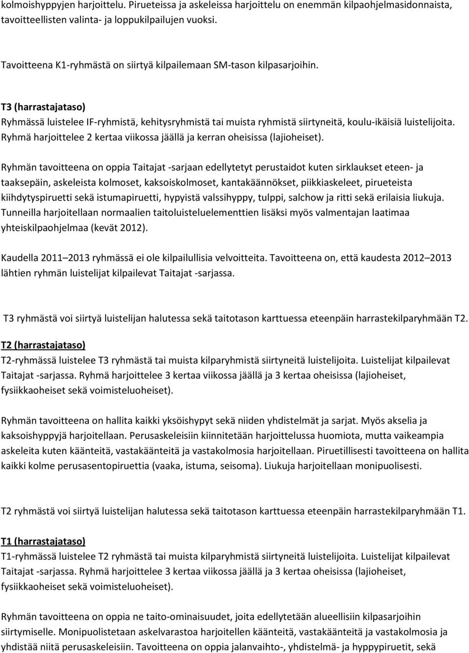 T3 (harrastajataso) Ryhmässä luistelee IF-ryhmistä, kehitysryhmistä tai muista ryhmistä siirtyneitä, koulu-ikäisiä luistelijoita.