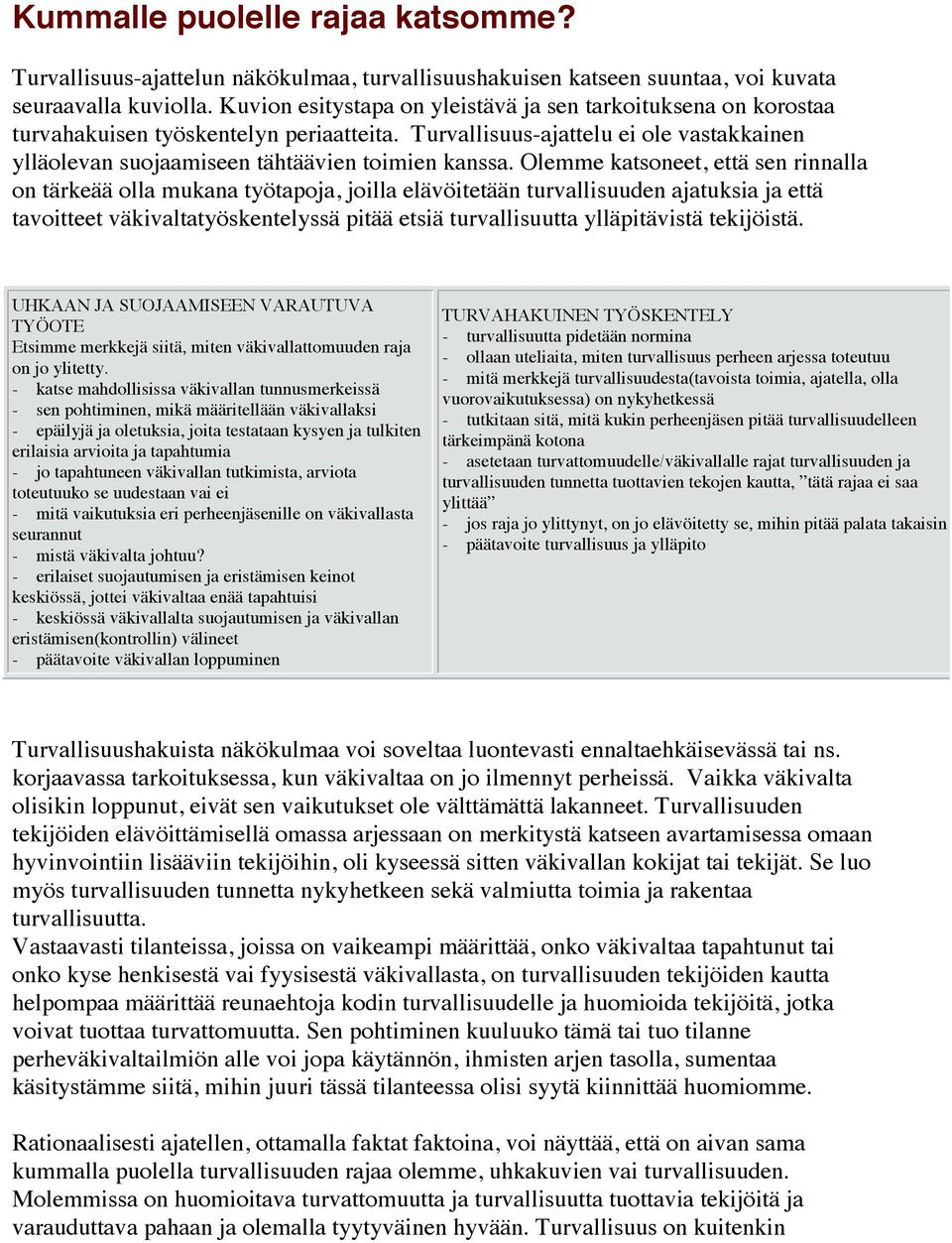 Olemme katsoneet, että sen rinnalla on tärkeää olla mukana työtapoja, joilla elävöitetään turvallisuuden ajatuksia ja että tavoitteet väkivaltatyöskentelyssä pitää etsiä turvallisuutta ylläpitävistä