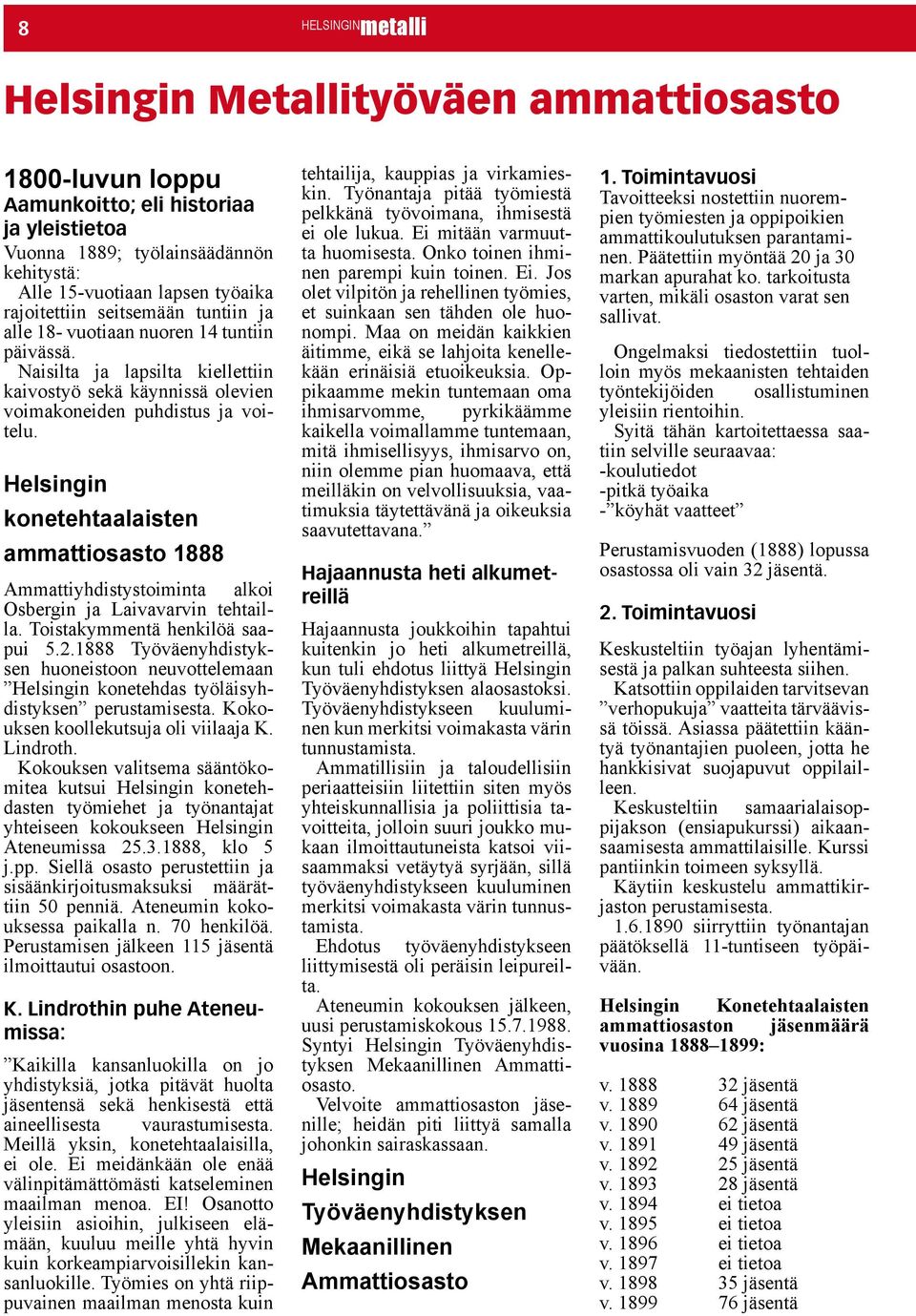 Helsingin konetehtaalaisten ammattiosasto 1888 Ammattiyhdistystoiminta alkoi Osbergin ja Laivavarvin tehtailla. Toistakymmentä henkilöä saapui 5.2.