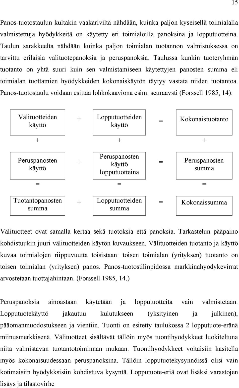 Taulussa kunkin tuoteryhmän tuotanto on yhtä suuri kuin sen valmistamiseen käytettyjen panosten summa eli toimialan tuottamien hyödykkeiden kokonaiskäytön täytyy vastata niiden tuotantoa.