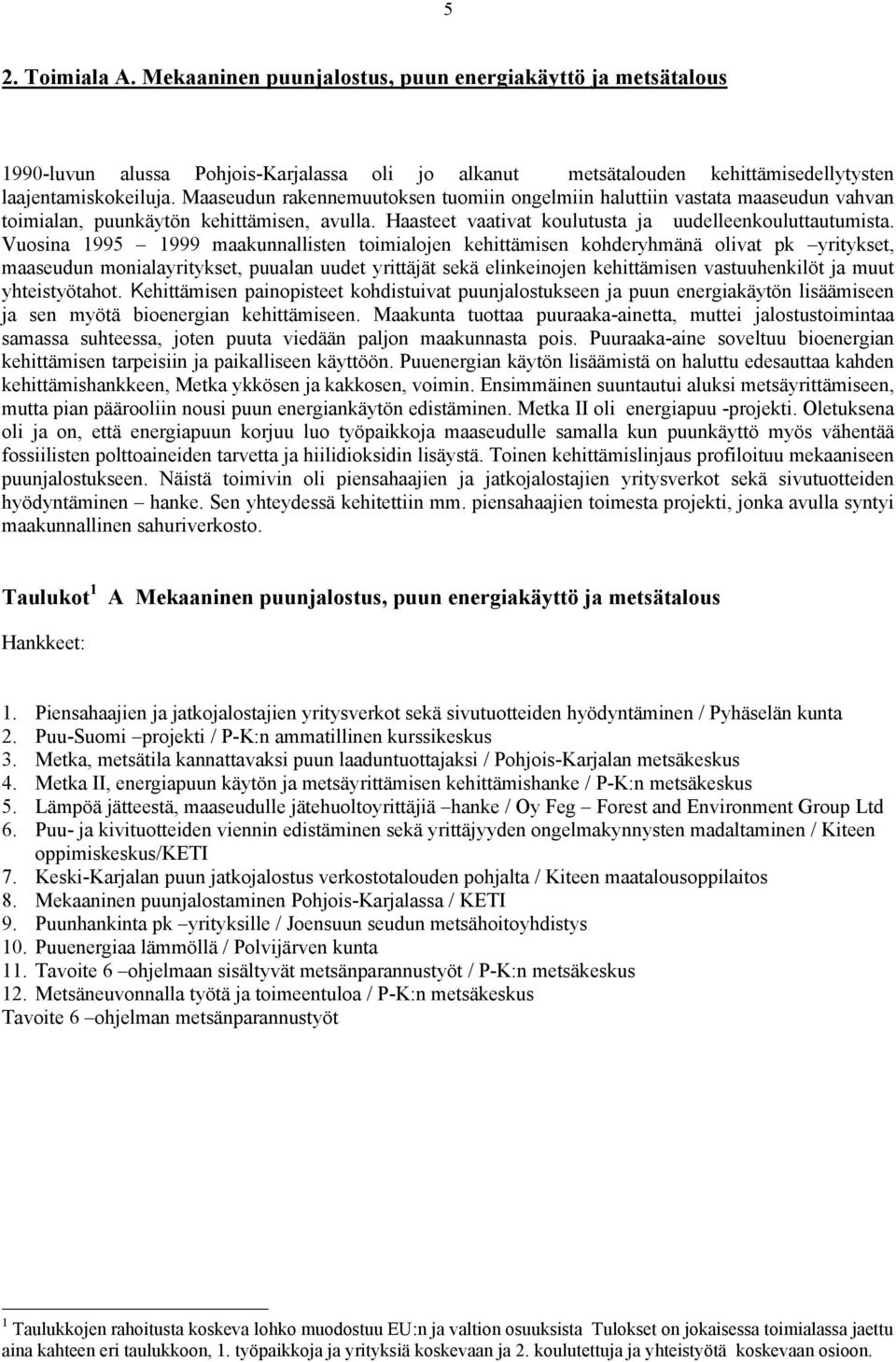 Vuosina 1995 1999 maakunnallisten toimialojen kehittämisen kohderyhmänä olivat pk yritykset, maaseudun monialayritykset, puualan uudet yrittäjät sekä elinkeinojen kehittämisen vastuuhenkilöt ja muut