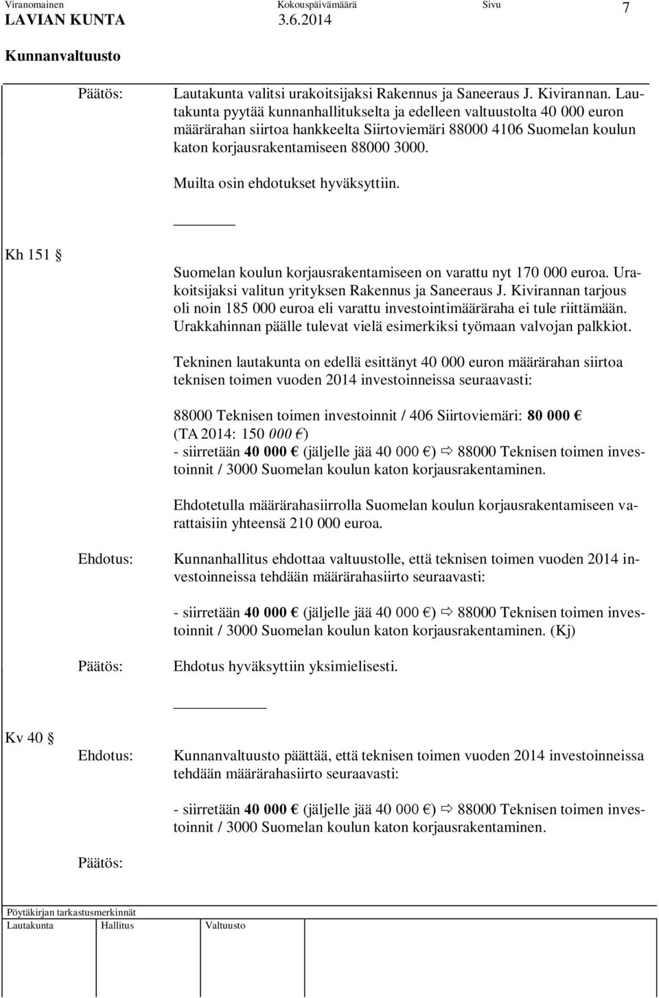 Muilta osin ehdotukset hyväksyttiin. Kh 151 Suomelan koulun korjausrakentamiseen on varattu nyt 170 000 euroa. Urakoitsijaksi valitun yrityksen Rakennus ja Saneeraus J.