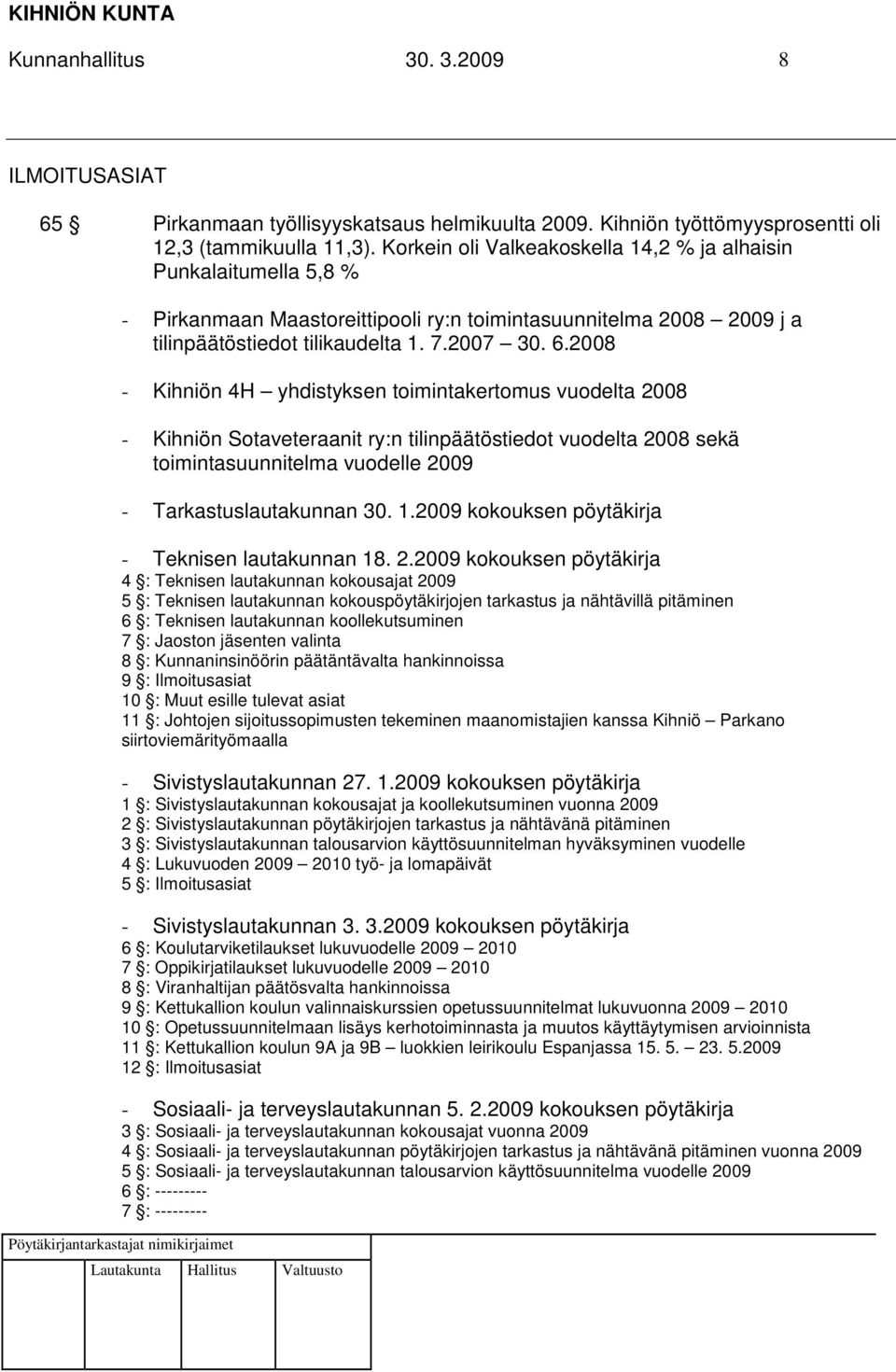 2008 - Kihniön 4H yhdistyksen toimintakertomus vuodelta 2008 - Kihniön Sotaveteraanit ry:n tilinpäätöstiedot vuodelta 2008 sekä toimintasuunnitelma vuodelle 2009 - Tarkastuslautakunnan 30. 1.