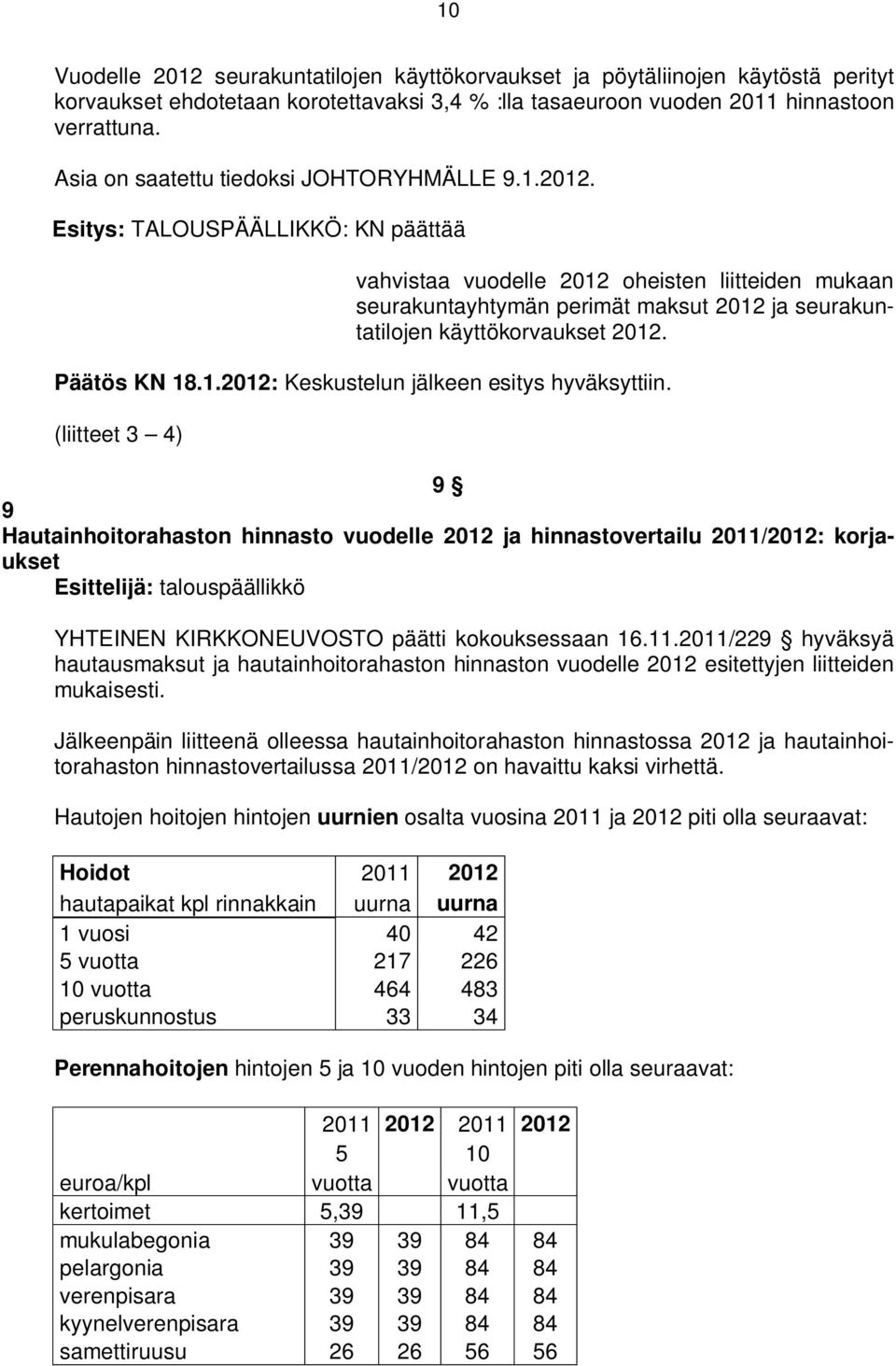 (liitteet 3 4) 9 9 Hautainhoitorahaston hinnasto vuodelle 2012 ja hinnastovertailu 2011/