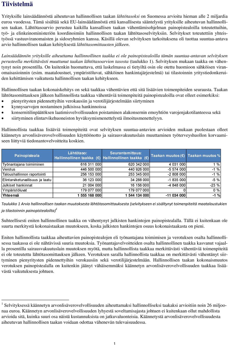 Lähtötasoarvio perustuu kaikilla kansallisen taakan vähentämisohjelman painopistealoilla toteutettuihin, työ- ja elinkeinoministeriön koordinoimiin hallinnollisen taakan lähtötasoselvityksiin.