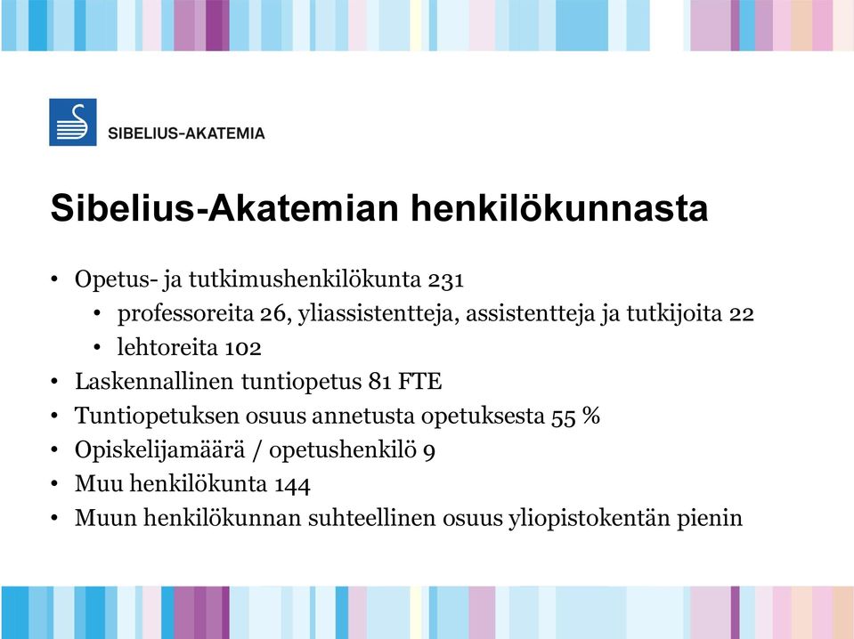 tuntiopetus 81 FTE Tuntiopetuksen osuus annetusta opetuksesta 55 % Opiskelijamäärä /