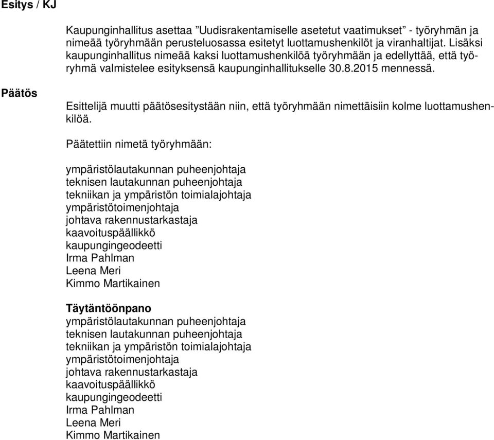 Päätös Esittelijä muutti päätösesitystään niin, että työryhmään nimettäisiin kolme luottamushenkilöä.