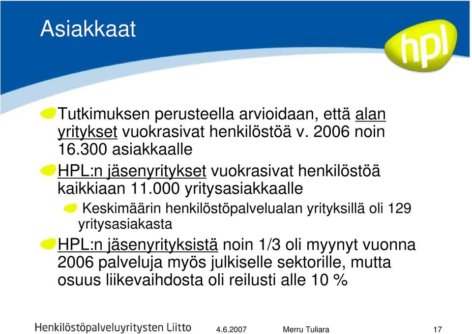 000 yritysasiakkaalle Keskimäärin henkilöstöpalvelualan yrityksillä oli 129 yritysasiakasta HPL:n