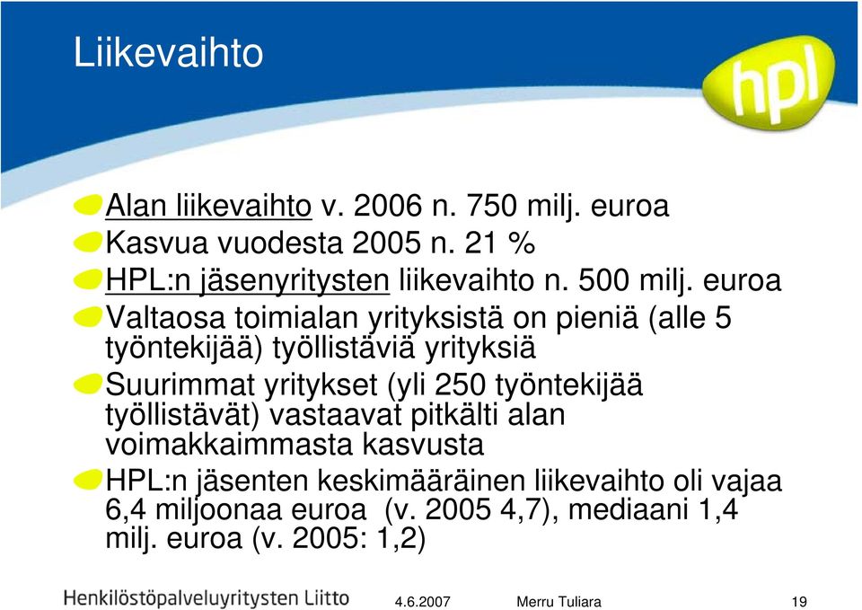 euroa Valtaosa toimialan yrityksistä on pieniä (alle 5 työntekijää) työllistäviä yrityksiä Suurimmat yritykset (yli 250