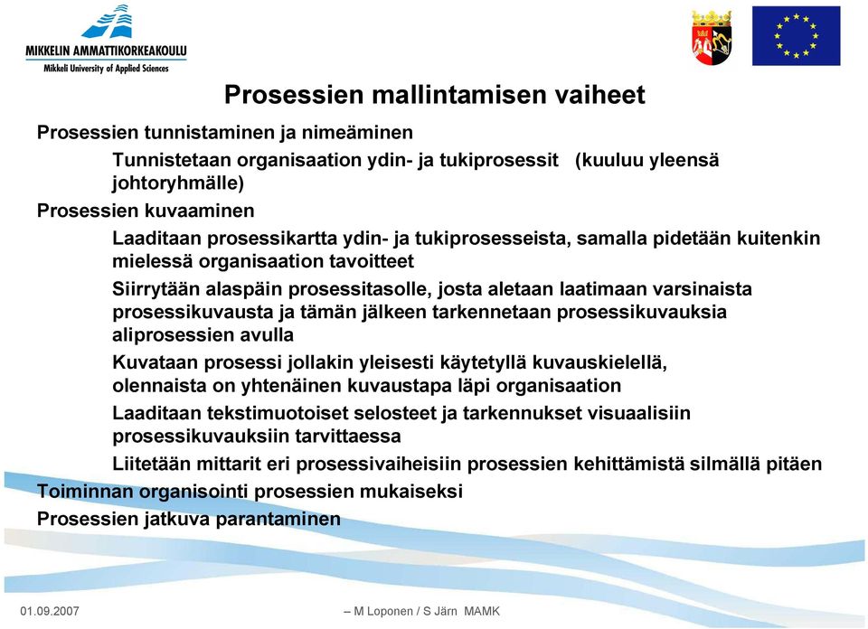 tarkennetaan prosessikuvauksia aliprosessien avulla Kuvataan prosessi jollakin yleisesti käytetyllä kuvauskielellä, olennaista on yhtenäinen kuvaustapa läpi organisaation Laaditaan tekstimuotoiset