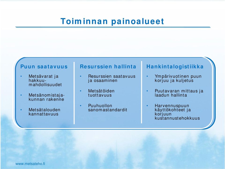 Metsätöiden tuottavuus Puuhuollon sanomastandardit Hankintalogistiikka Ympärivuotinen puun