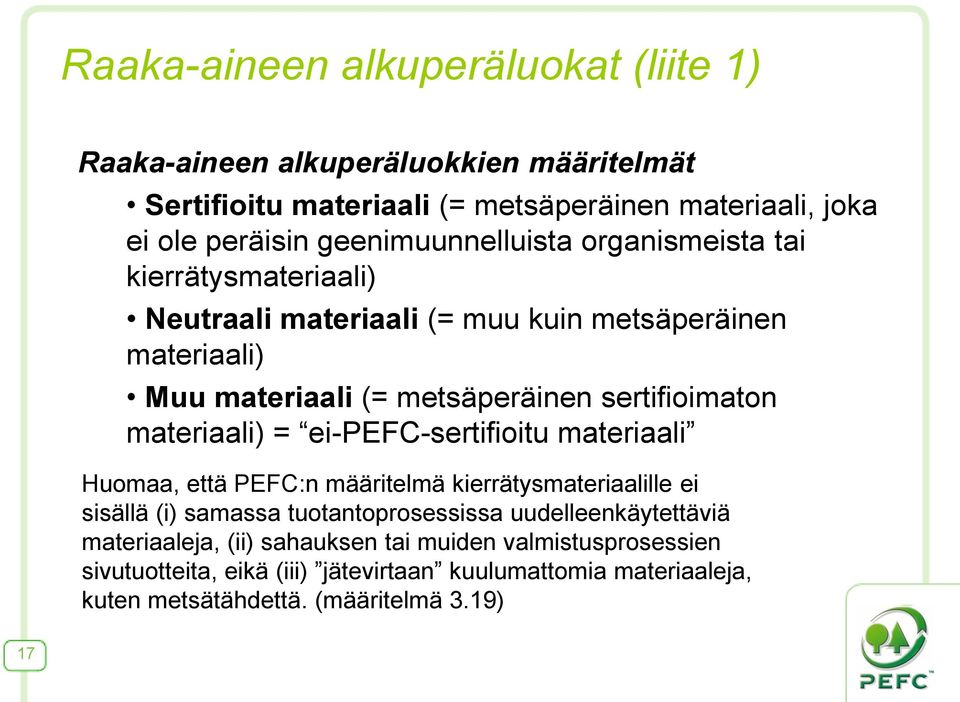 sertifioimaton materiaali) = ei-pefc-sertifioitu materiaali Huomaa, että PEFC:n määritelmä kierrätysmateriaalille ei sisällä (i) samassa tuotantoprosessissa