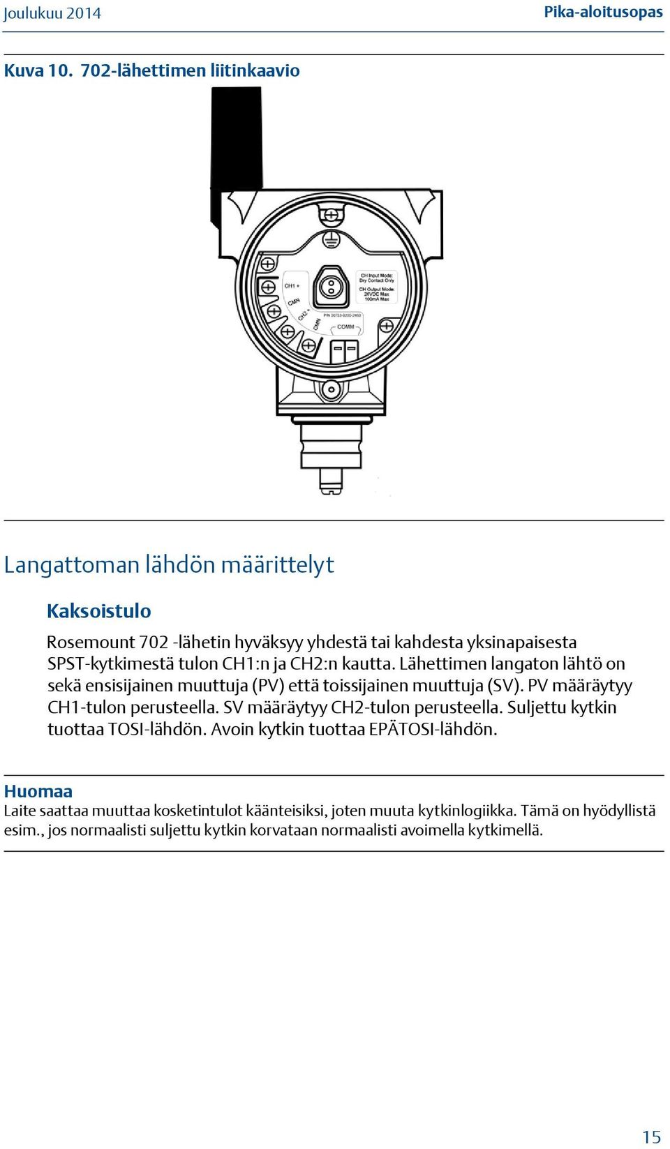 tulon CH1:n ja CH2:n kautta. Lähettimen langaton lähtö on sekä ensisijainen muuttuja (PV) että toissijainen muuttuja (SV).