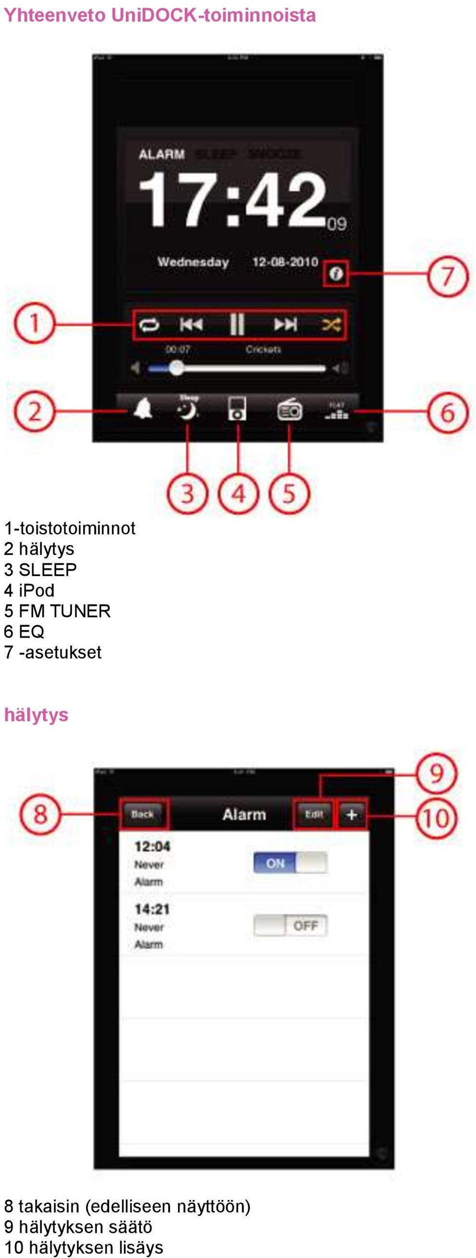 FM TUNER 6 EQ 7 -asetukset hälytys 8 takaisin