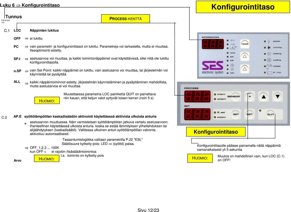 vain Set Point: kaikki näppäimet on lukittu, vain asetusarvo voi muuttaa, tai järjestelmän voi käynnistää tai pysäyttää kaikki näppäintoiminnot estetty, järjestelmän käynnistäminen ja pysäyttäminen