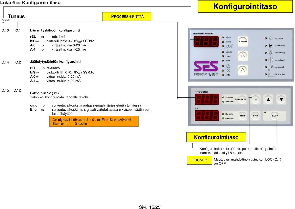 4 virtasilmukka 4-20 ma Lähtö out 12 (8/9) Tulon voi konfiguroida kahdella tavalla: on.c sulkeutuva kosketin antaa signaalin järjestelmän toimiessa Et.