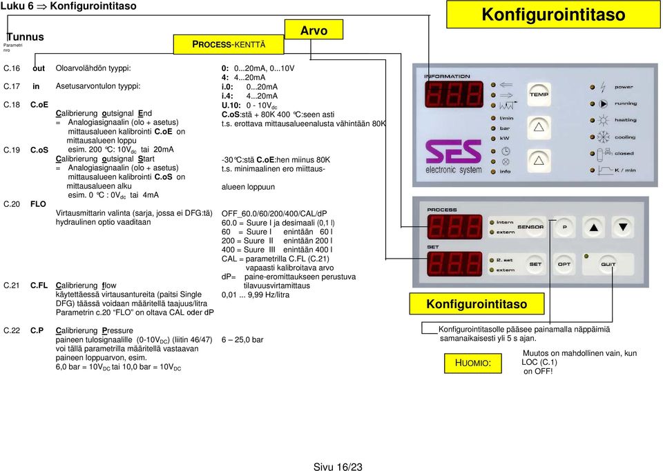 200 C: 10V dc tai 20mA Calibrierung outsignal Start = Analogiasignaalin (olo + asetus) mittausalueen kalibrointi C.oS on mittausalueen alku esim.