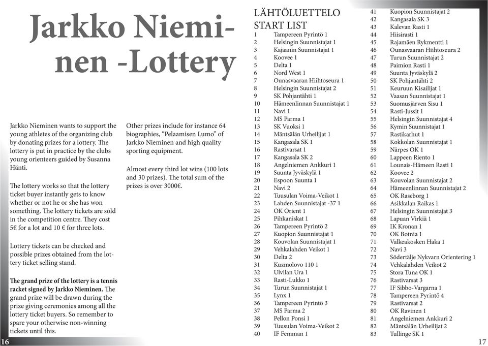 The lottery works so that the lottery ticket buyer instantly gets to know whether or not he or she has won something. The lottery tickets are sold in the competition centre.