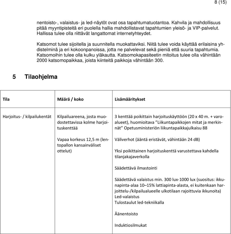 Niitä tulee voida käyttää erilaisina yhdistelminä ja eri kokoonpanoissa, jotta ne palvelevat sekä pieniä että suuria tapahtumia. Katsomoihin tulee olla kulku yläkautta.