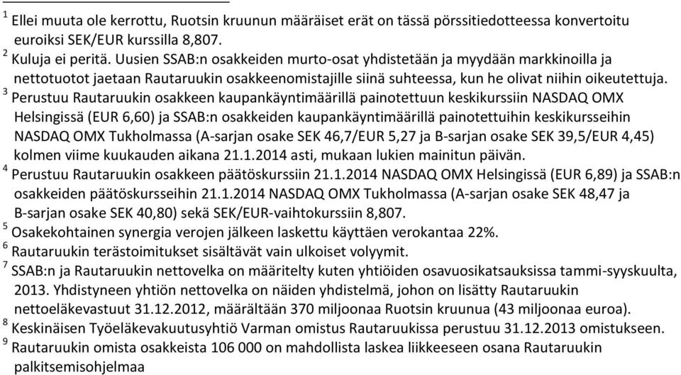3 Perustuu Rautaruukin osakkeen kaupankäyntimäärillä painotettuun keskikurssiin NASDAQ OMX Helsingissä (EUR 6,60) ja SSAB:n osakkeiden kaupankäyntimäärillä painotettuihin keskikursseihin NASDAQ OMX