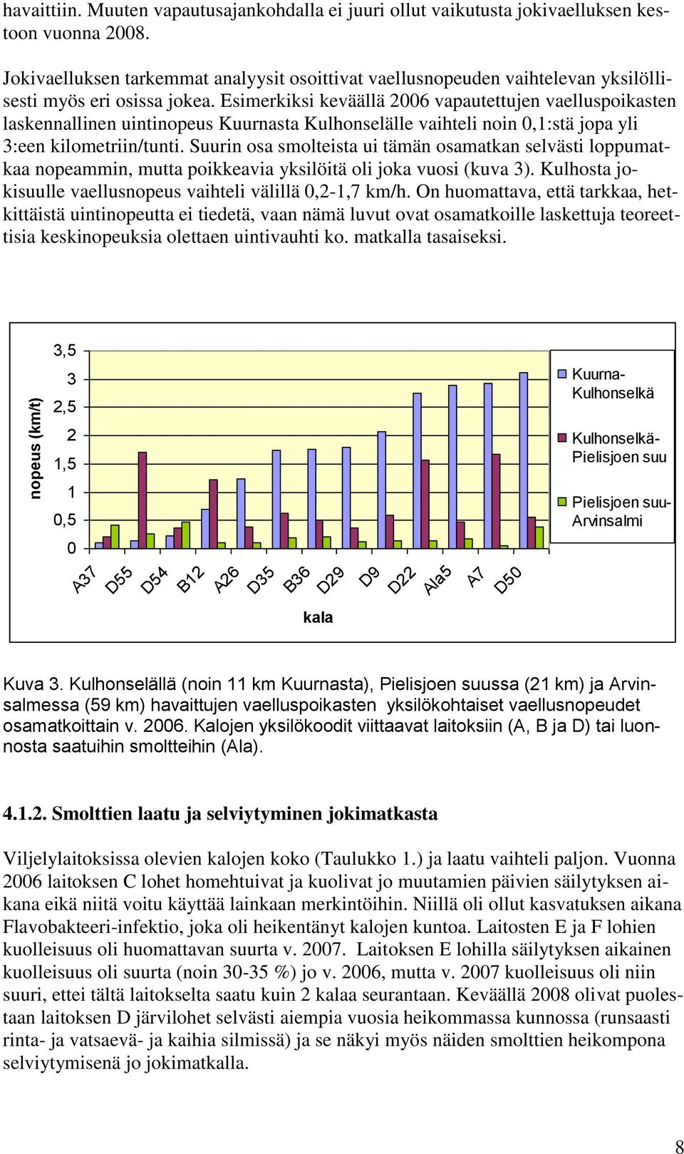Esimerkiksi keväällä 2006 vapautettujen vaelluspoikasten laskennallinen uintinopeus Kuurnasta Kulhonselälle vaihteli noin 0,1:stä jopa yli 3:een kilometriin/tunti.
