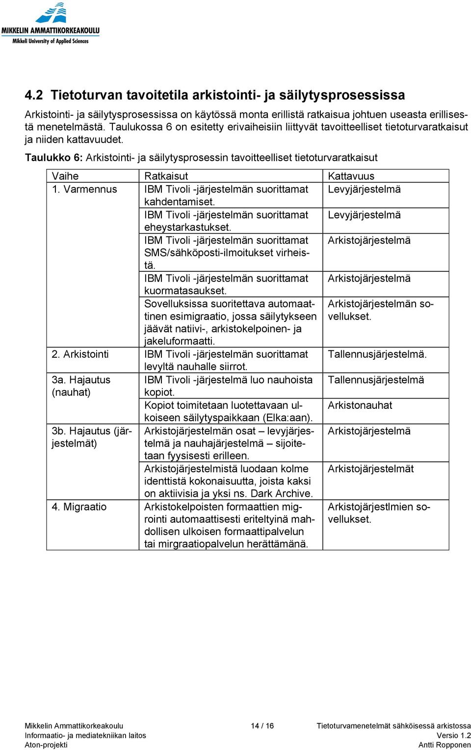 Taulukko 6: Arkistointi- ja säilytysprosessin tavoitteelliset tietoturvaratkaisut Vaihe Ratkaisut Kattavuus 1. Varmennus IBM Tivoli -järjestelmän suorittamat Levyjärjestelmä kahdentamiset.