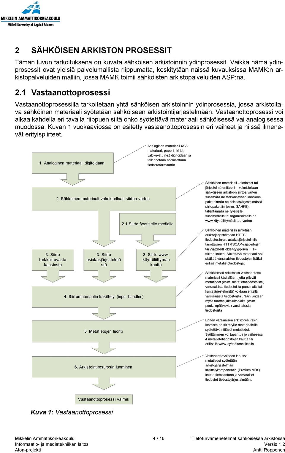 1 Vastaanottoprosessi Vastaanottoprosessilla tarkoitetaan yhtä sähköisen arkistoinnin ydinprosessia, jossa arkistoitava sähköinen materiaali syötetään sähköiseen arkistointijärjestelmään.