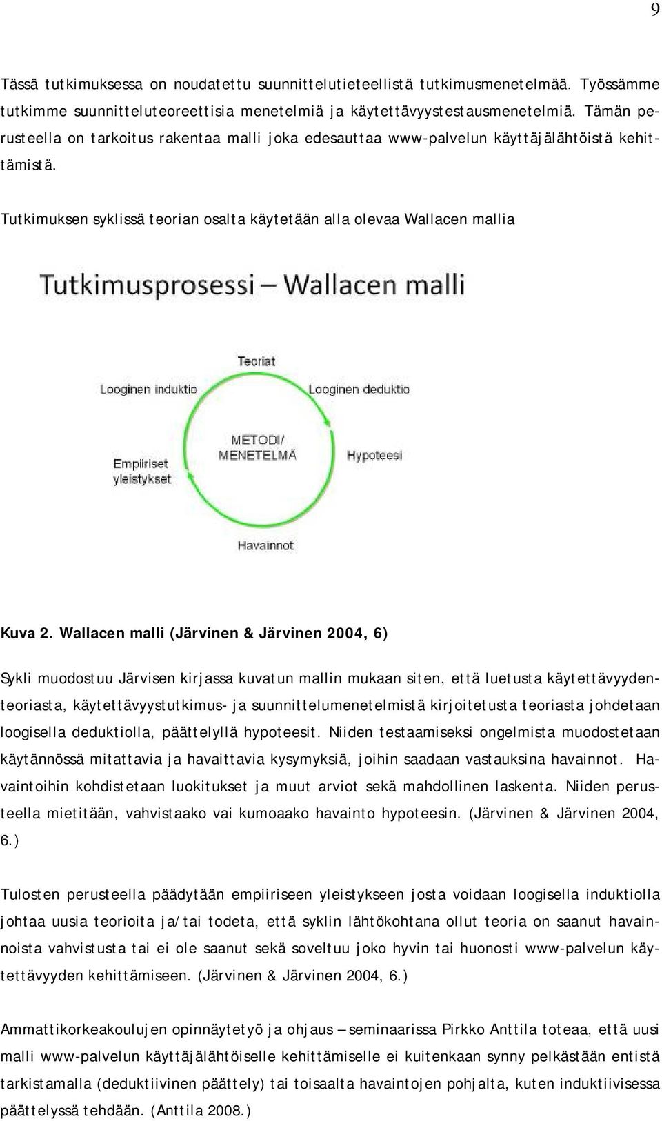 Wallacen malli (Järvinen & Järvinen 2004, 6) Sykli muodostuu Järvisen kirjassa kuvatun mallin mukaan siten, että luetusta käytettävyydenteoriasta, käytettävyystutkimus- ja suunnittelumenetelmistä