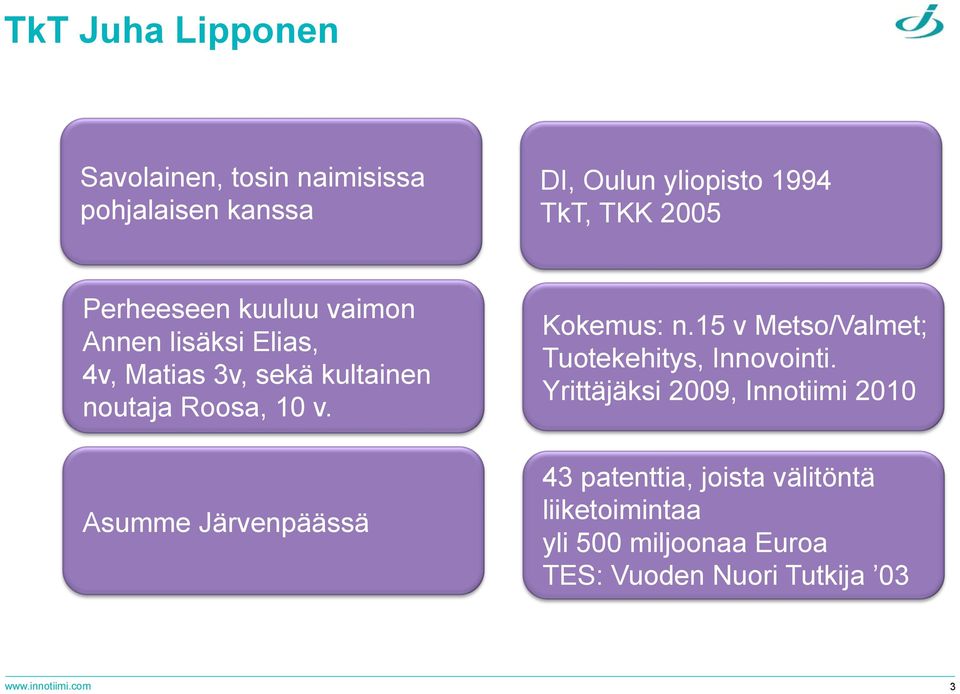 Asumme Järvenpäässä Kokemus: n.15 v Metso/Valmet; Tuotekehitys, Innovointi.