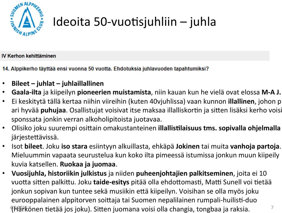 Osallistujat voisivat itse maksaa illalliskor/n ja si[en lisäksi kerho voisi sponssata jonkin verran alkoholipitoista juotavaa. Olisiko joku suurempi osi[ain omakustanteinen illallis3laisuus tms.