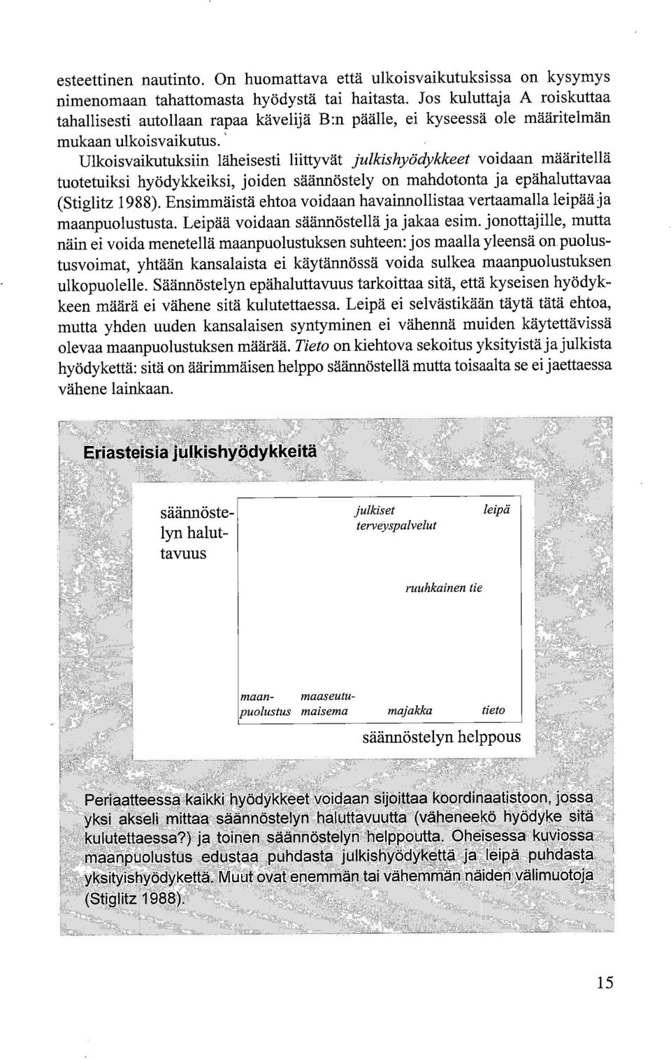 Ulkoisvaikutuksiin läheisesti liittyvät julkishyödykkeet voidaan määritellä tuotetuiksi hyödykkeiksi, joiden säännöstely on mahdotonta ja epähaluttavaa (Stiglitz 1988).