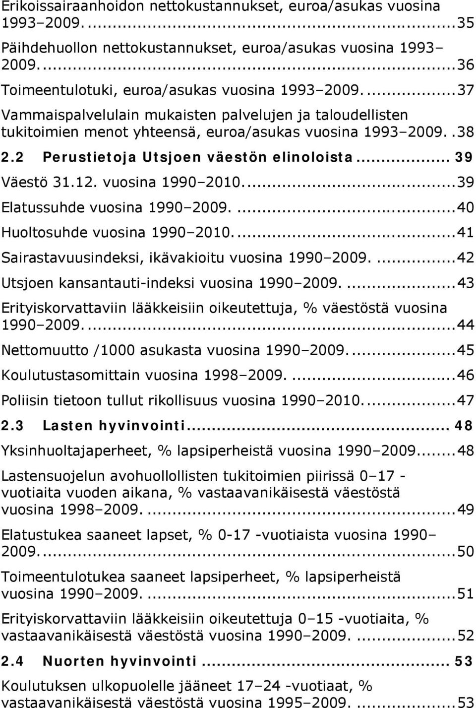 vuosina 1990 2010.... 39 Elatussuhde vuosina 1990 2009.... 40 Huoltosuhde vuosina 1990 2010.... 41 Sairastavuusindeksi, ikävakioitu vuosina 1990 2009.... 42 Utsjoen kansantauti-indeksi vuosina 1990 2009.