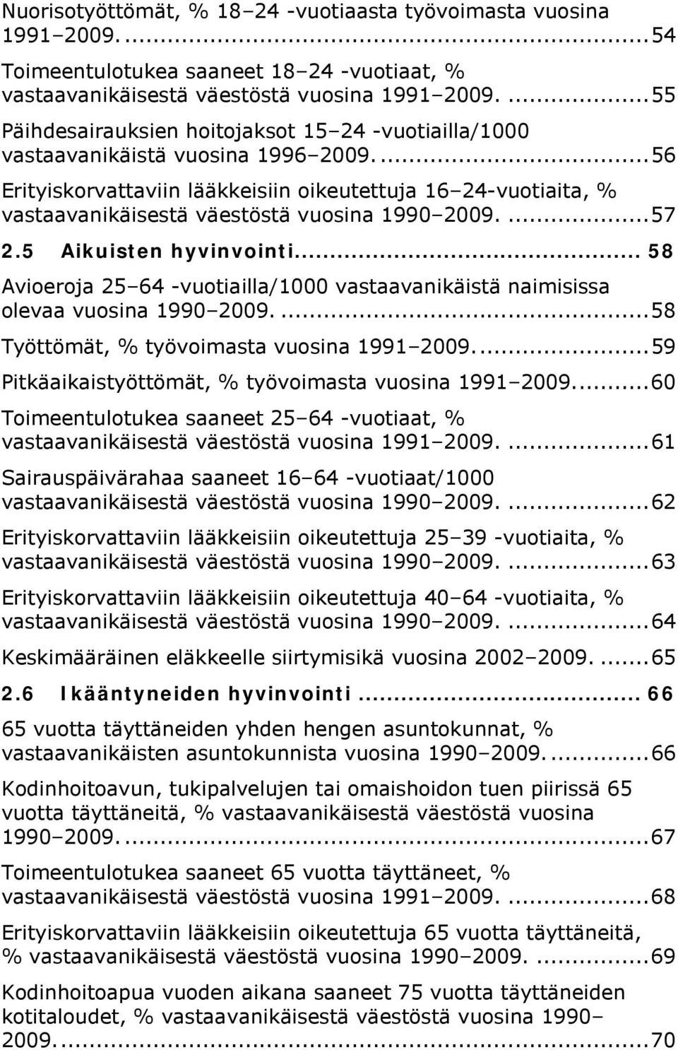 ... 56 Erityiskorvattaviin lääkkeisiin oikeutettuja 16 24-vuotiaita, % vastaavanikäisestä väestöstä vuosina 1990 2009.... 57 2.5 Aikuisten hyvinvointi.