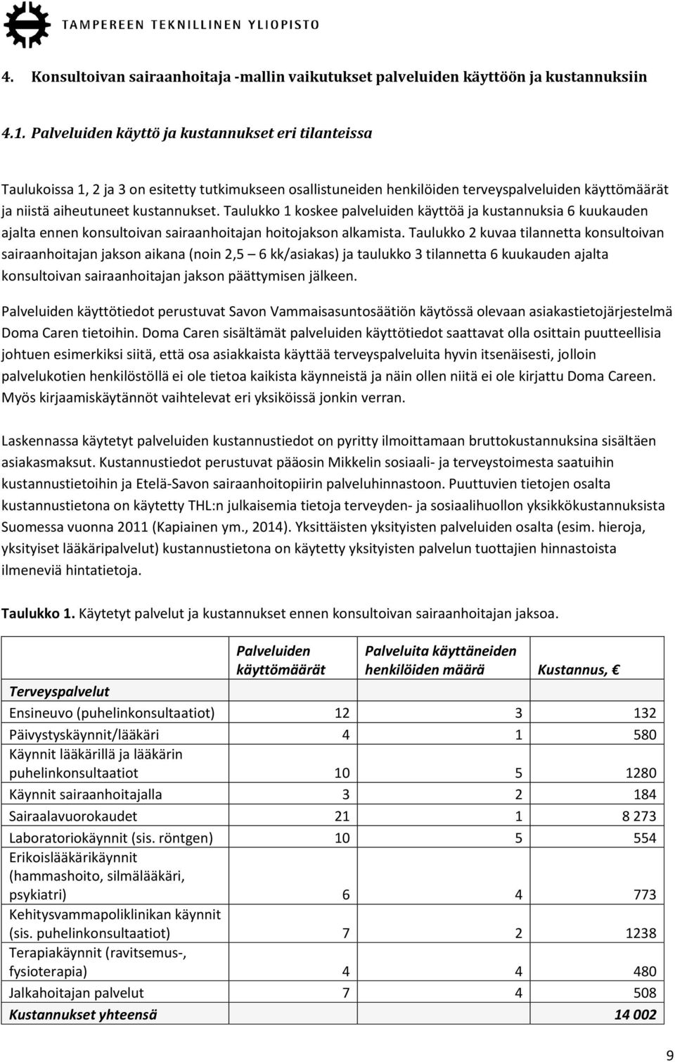 Taulukko 1 koskee palveluiden käyttöä ja kustannuksia 6 kuukauden ajalta ennen konsultoivan sairaanhoitajan hoitojakson alkamista.