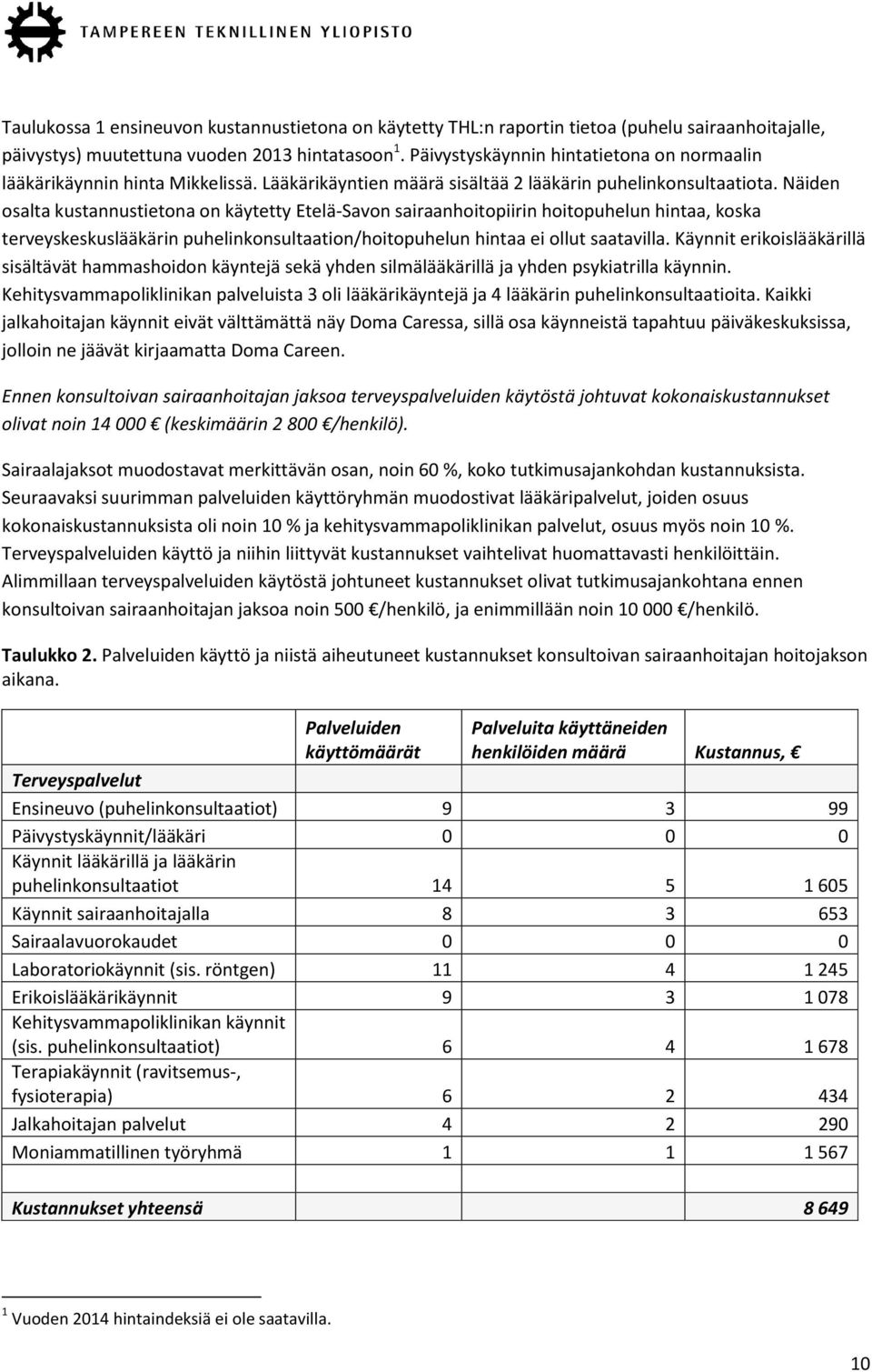 Näiden osalta kustannustietona on käytetty Etelä-Savon sairaanhoitopiirin hoitopuhelun hintaa, koska terveyskeskuslääkärin puhelinkonsultaation/hoitopuhelun hintaa ei ollut saatavilla.