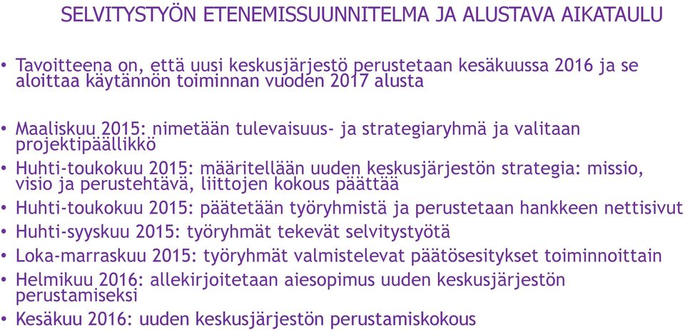 perustehtävä, liittojen kokous päättää Huhti-toukokuu 2015: päätetään työryhmistä ja perustetaan hankkeen nettisivut Huhti-syyskuu 2015: työryhmät tekevät selvitystyötä