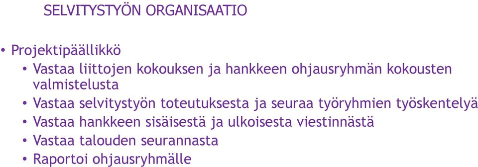 toteutuksesta ja seuraa työryhmien työskentelyä Vastaa hankkeen