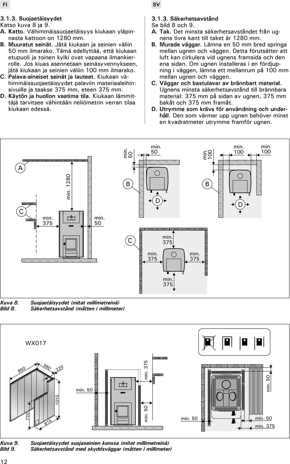 Palava-aineiset seinät ja lauteet. Kiukaan vähimmäissuojaetäisyydet palaviin materiaaleihin: sivuille ja taakse 375 mm, eteen 375 mm. D. Käytön ja huollon vaatima tila.