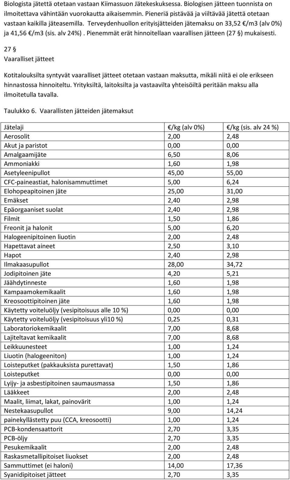 Pienemmät erät hinnoitellaan vaarallisen jätteen (27 ) mukaisesti.