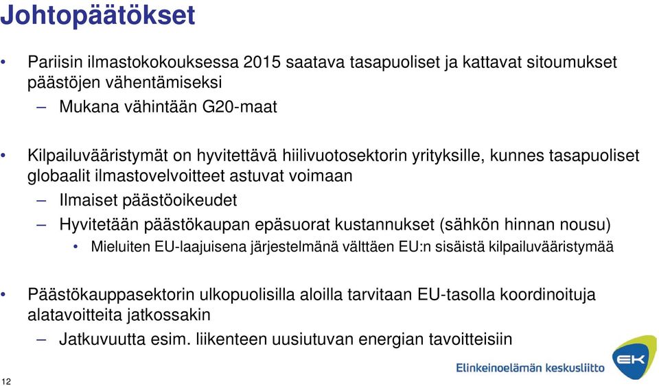 Hyvitetään päästökaupan epäsuorat kustannukset (sähkön hinnan nousu) Mieluiten EU-laajuisena järjestelmänä välttäen EU:n sisäistä kilpailuvääristymää