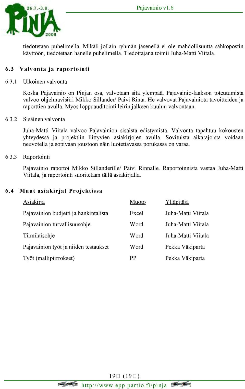 He valvovat Pajavainiota tavoitteiden ja raporttien avulla. Myös loppuauditointi leirin jälkeen kuuluu valvontaan. 6.3.2 Sisäinen valvonta Juha-Matti Viitala valvoo Pajavainion sisäistä edistymistä.