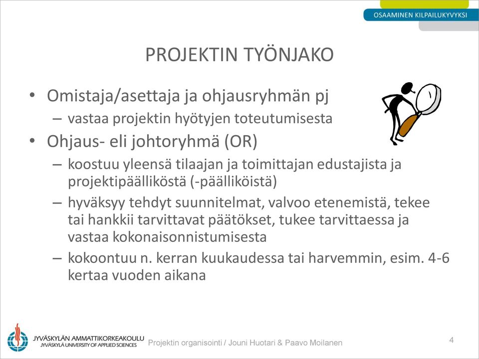 suunnitelmat, valvoo etenemistä, tekee tai hankkii tarvittavat päätökset, tukee tarvittaessa ja vastaa