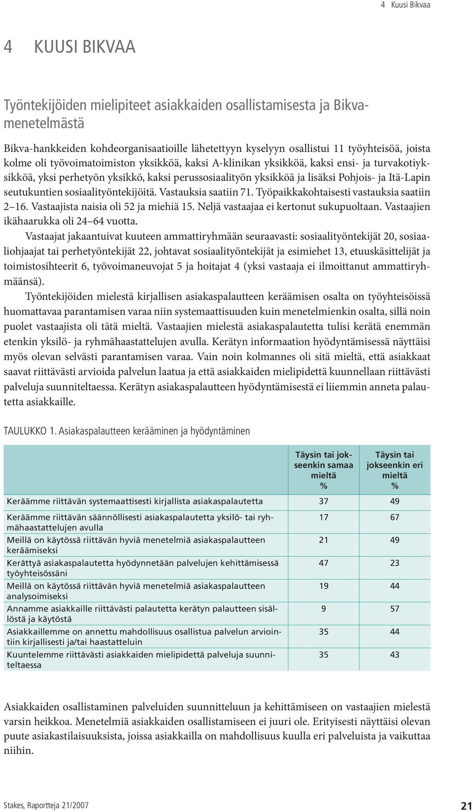 seutukuntien sosiaalityöntekijöitä. Vastauksia saatiin 71. Työpaikkakohtaisesti vastauksia saatiin 2 16. Vastaajista naisia oli 52 ja miehiä 15. Neljä vastaajaa ei kertonut sukupuoltaan.